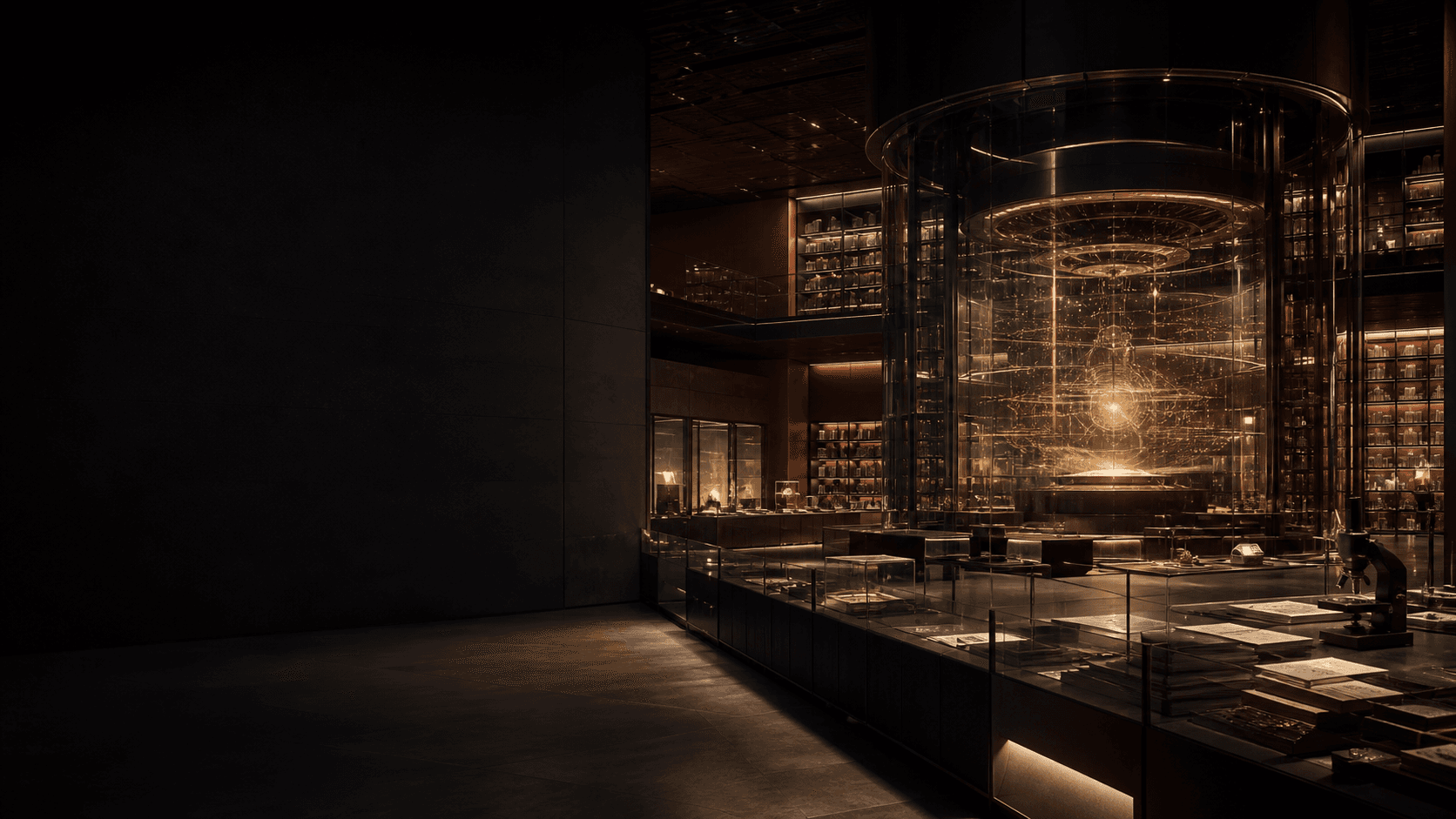 A cinematic research library surrounding a glowing intelligence core