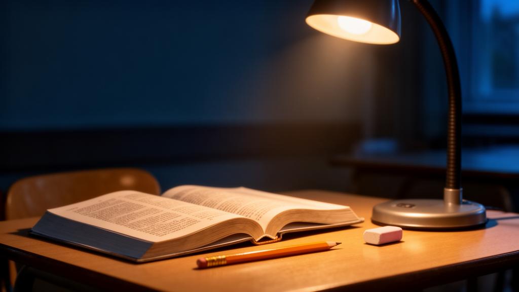 An open textbook and pencil on a desk under lamplight