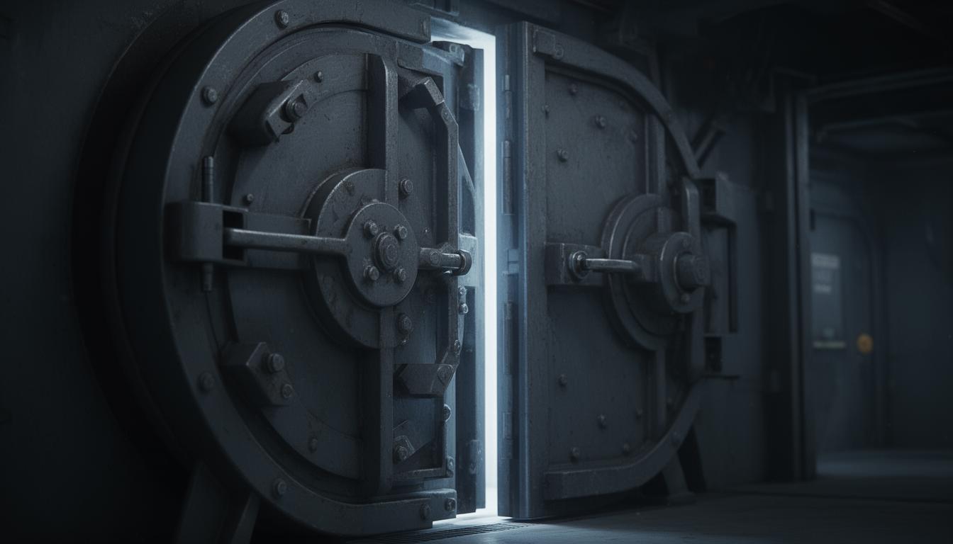 A heavy steel containment door left slightly ajar, cold light spilling through the gap