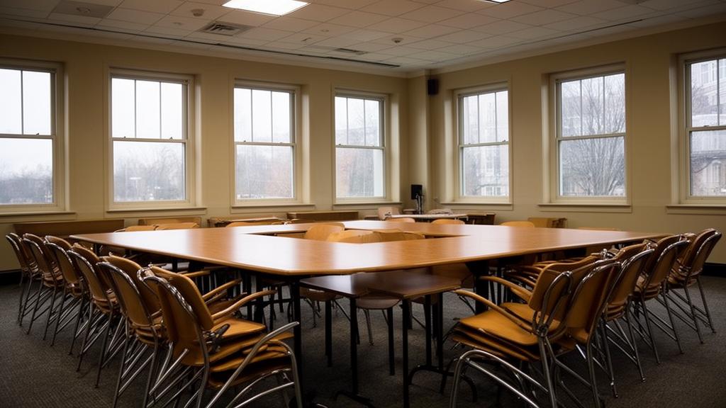 An empty seminar room with a long table and large windows