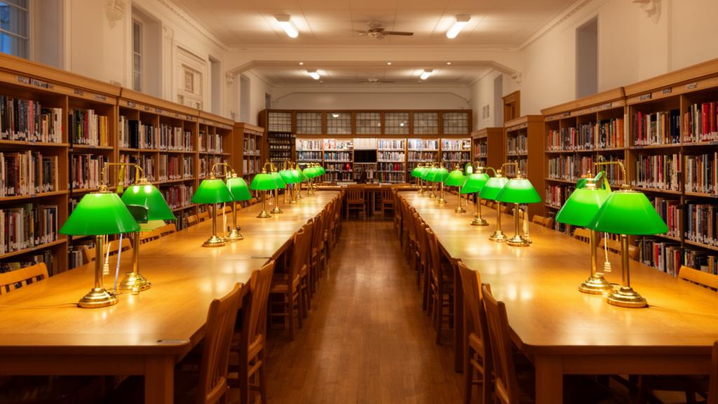 An empty library reading room with long tables and lamps