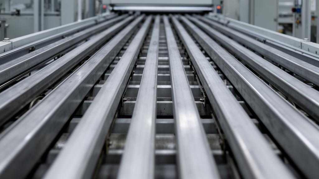 Parallel conveyor rails receding into the distance