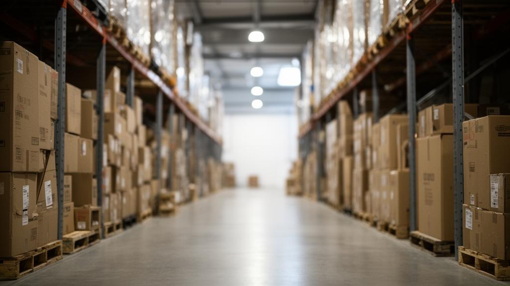 A warehouse aisle lined with stacked shipping boxes