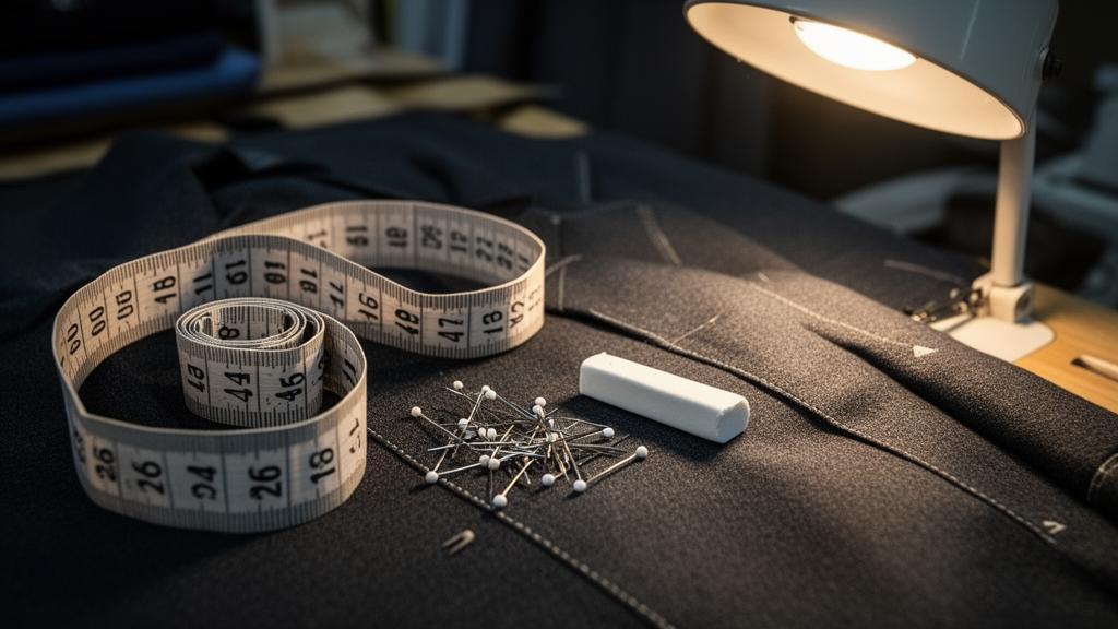 A tailor's workbench with measuring tape, chalk and pins