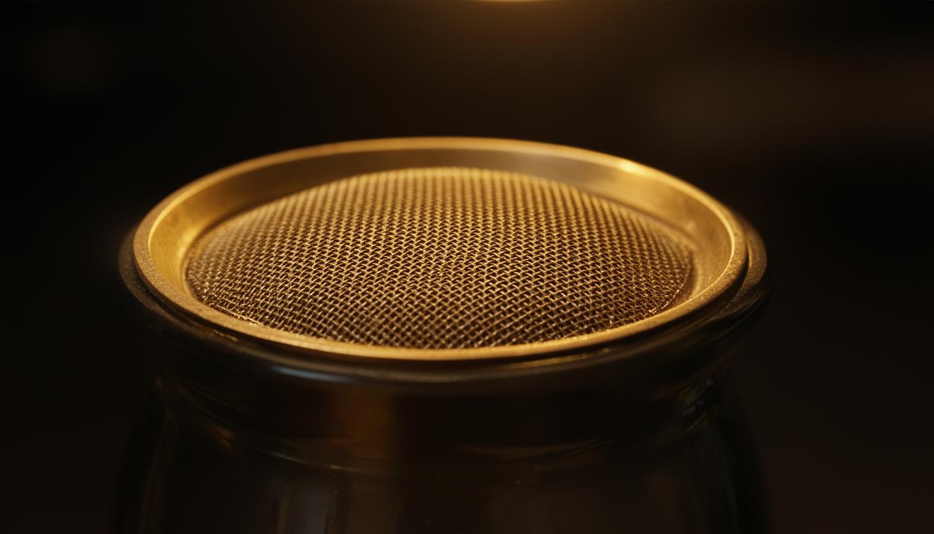 A brass filter mesh over dark glass, lit from one side