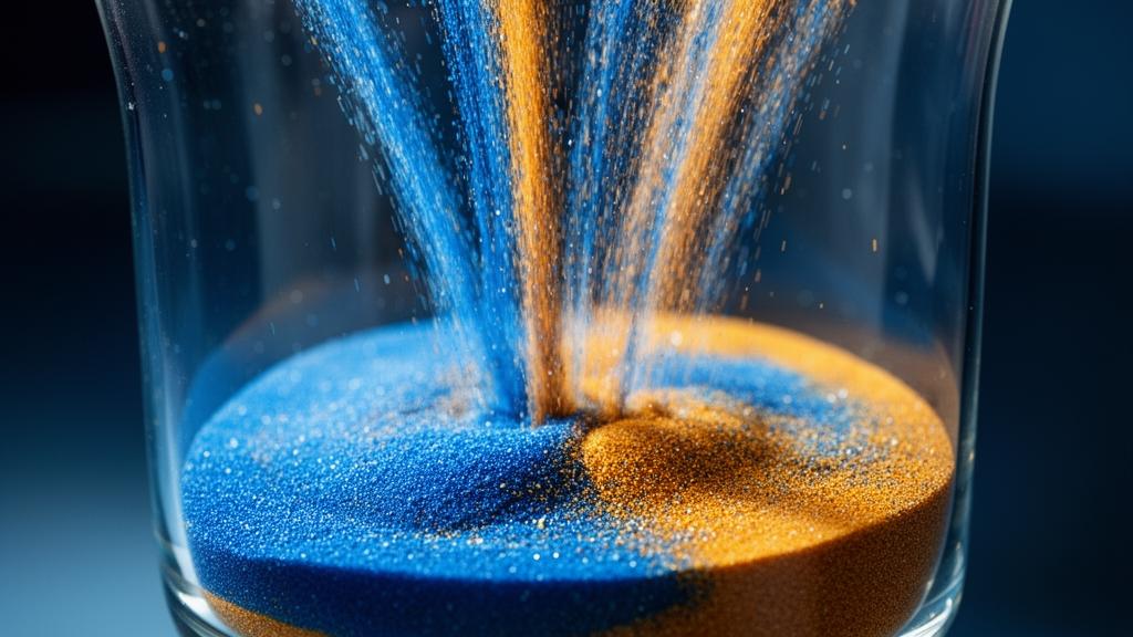 Coloured sand streams converging and mixing in glass