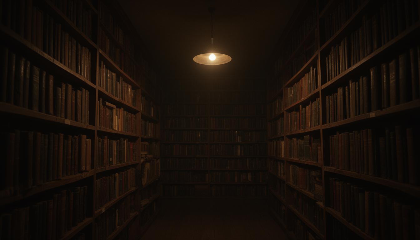 Library archive stacks receding into darkness under a single overhead light