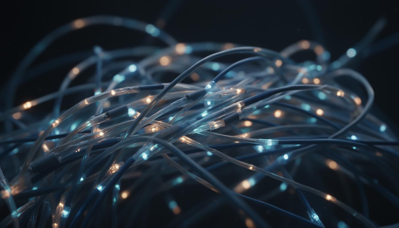 Tangled fibre optic cables lit from within against a dark background