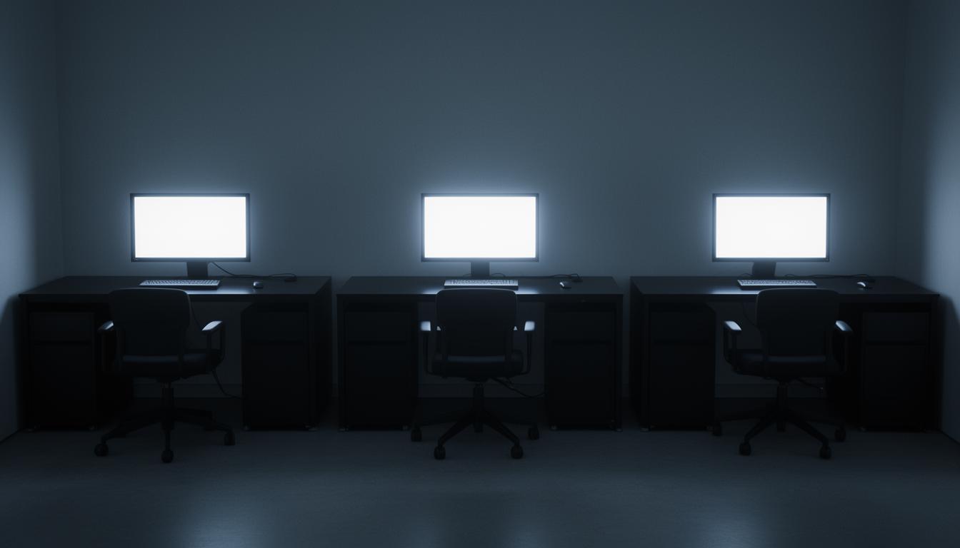 Three identical desks in a row, each with a single glowing monitor
