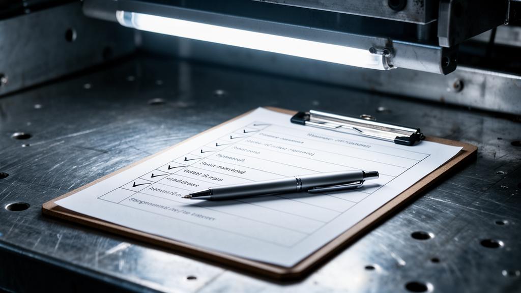 A clipboard with a checklist resting on a metal surface