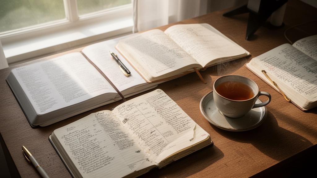 Open journals and a cup of tea on a desk in morning light